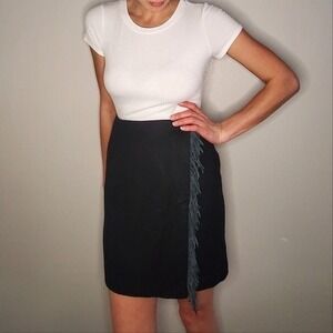 Vintage Black Fringe Trim Skirt Stanley Blacker Wool VTG 90s Boho Western Wrap S